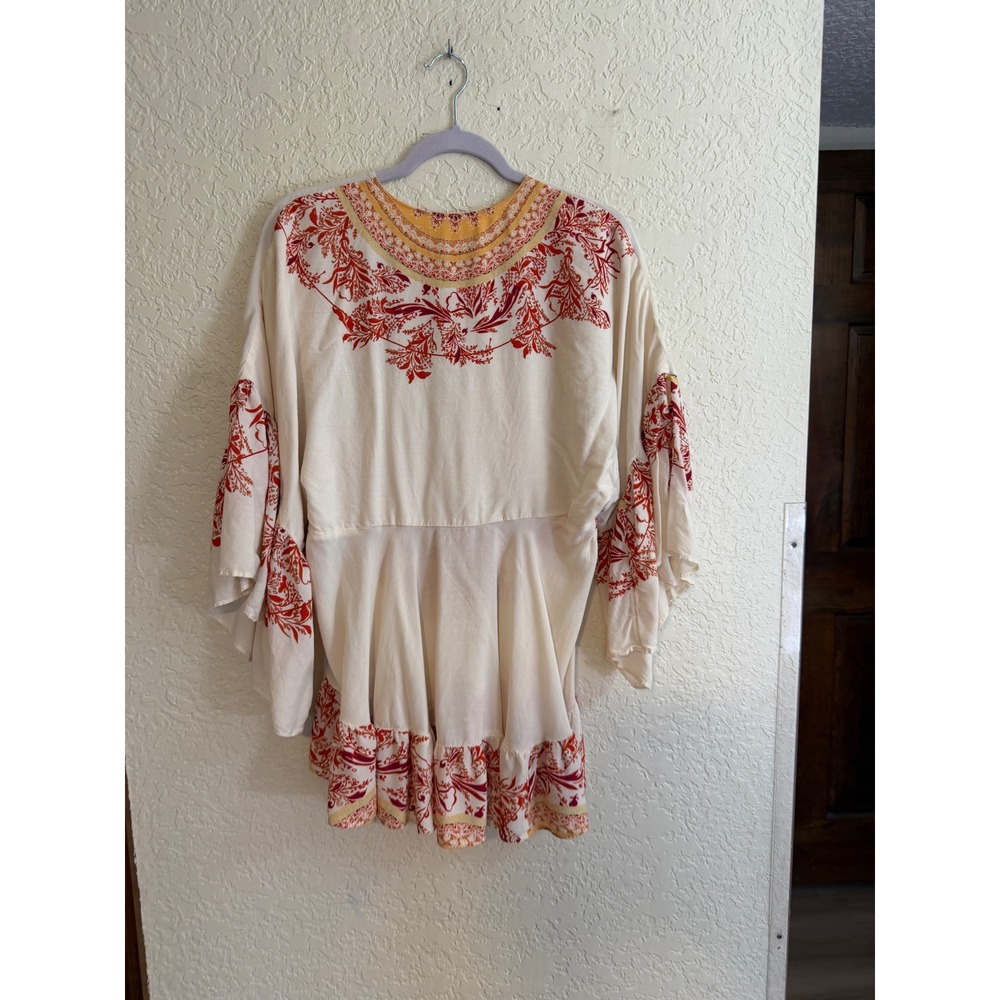 Free People Tunic Top Sunset Dreams S Ivory Orange Boho Bell Sleeve V-Neck - Picture 6 of 11